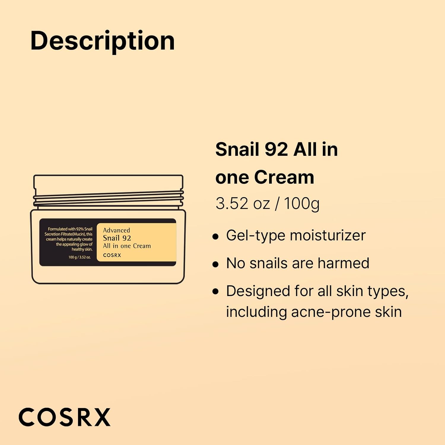 COSRX Snail Mucin 92% Face Moisturizer, 3.52 Oz, Lightweight Moisturing Cream for Soft, Glowy Skin, Korean Skin Care, Korean Moisturizer Face Cream