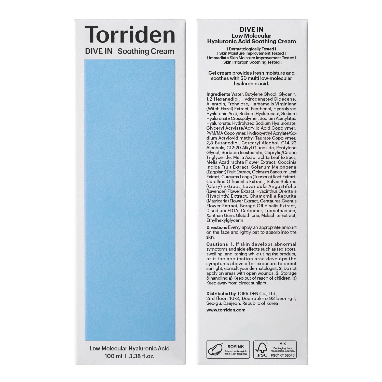 Torriden DIVE IN Hyaluronic Acid Soothing Cream 100ml (3.38 fl. oz) | Revitalizing Facial Moisturizer for Sensitive and Dry Skin | Hyaluronic Acid, Panthenol, Allantoin